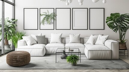
Living room with modular boucle sofa glass coffee table poster frame mockup Elegant trees and decorations home decoration - obrazy, fototapety, plakaty