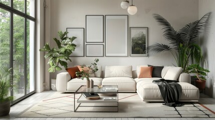 Modern concept of living room interior with boucle modular sofa. glass coffee table poster frame mockup Elegant trees and decorations