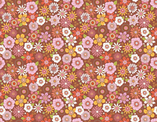 Sweet Floral seamless groovy pattern in retro style. Vintage  moodd ,Hand drawn pastel blossom Vector illustration - 766448939