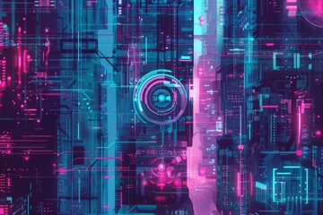 abstract futuristic cyberpunk pattern background design. neon light colors, cyber green, neon pink, electric blue. cybernetic enhancements, dystopia elements. cyberspace motion technology concept. 