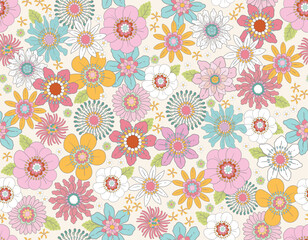 Sweet Floral seamless groovy pattern in retro style. Vintage  moodd ,Hand drawn pastel blossom Vector illustration - 766448963