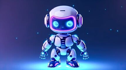 A robot with neon blue eyes stands in front of a blue background