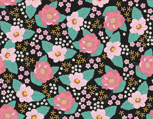 Sweet Floral seamless groovy pattern in retro style. Vintage  moodd ,Hand drawn pastel blossom Vector illustration - 766449119