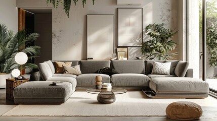 Modern concept of living room interior with boucle modular sofa. glass coffee table poster frame mockup Elegant trees and decorations