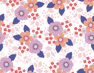 Sweet Floral seamless groovy pattern in retro style. Vintage  moodd ,Hand drawn pastel blossom Vector illustration - 766449338