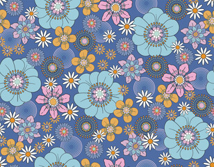 Sweet Floral seamless groovy pattern in retro style. Vintage  moodd ,Hand drawn pastel blossom Vector illustration - 766449339