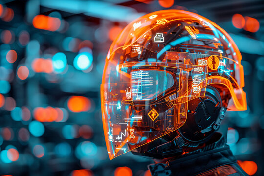 A safety helmet with a holographic projection of various safety icons floating around it symbolizing the integration of technology and safety for National Safety Month - futuristic protection