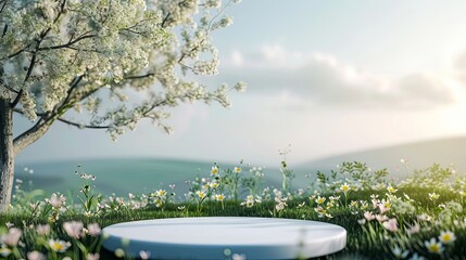 Abstract spring landscape scene with a podium for product display and flowers