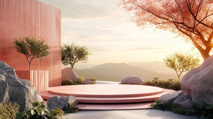 Fototapeta na wymiar Abstract nature landscape scene with a pink podium for product display