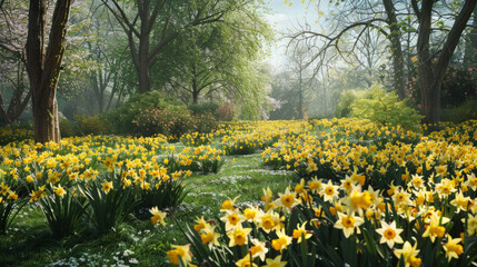 Obraz premium A tranquil garden filled with blooming daffodils, their vibrant yellow petals brightening the landscape