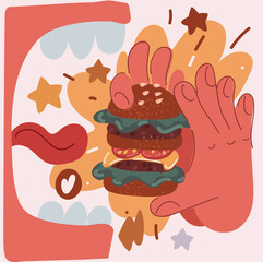 Cartoon vector illustration of person eating cheeseburger with satisfaction. Someone enjoys tasty hamburger takeaway, delicious bite of burger.