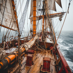 On the deck of an ancient sailing ship navigating through the mist, carbide tools are mapped out like navigational instruments, steering the course of innovation across the seas of time - obrazy, fototapety, plakaty