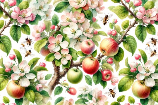 Spring Seasonal Fruits Background for backdrop wallpapers or scrapbooking journal. A vibrant depiction of spring's bounty, this image showcases apple blossoms.
