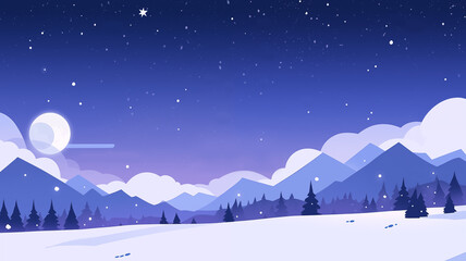 Fototapeta premium Hand drawn cartoon illustration of snow mountain scenery under the starry sky 