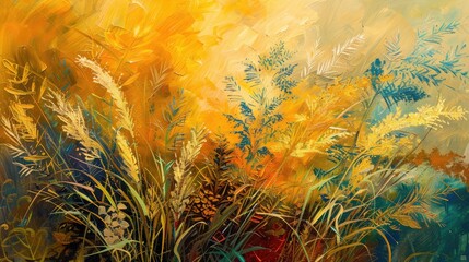 Plants, flowers, golden seed decorations, freehand, oil on canvas. Paint brush. Modern art.