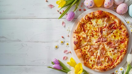 Easter pizza with colorful eggs and spring flowers on white wooden background with copy space