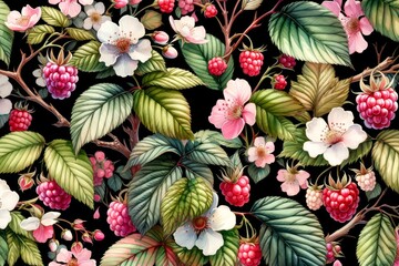 Spring Seasonal Fruits Background for backdrop wallpapers or scrapbooking journal. A vibrant depiction of spring's bounty, this image showcases lush raspberry blossoms and ripe fruits. - obrazy, fototapety, plakaty