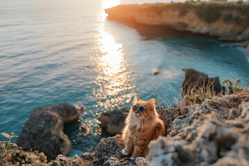 An aerial perspective of a Persian cat named Volt, taking a break on a rocky outcrop by the Bali...