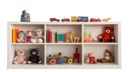 A colorful toy shelf displays an array of toys filling every inch, creating a whimsical and playful scene