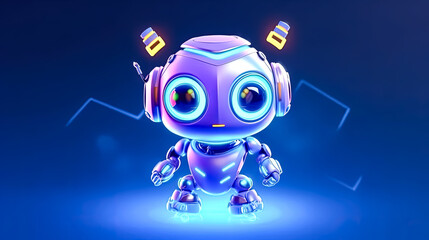 A robot with blue eyes and a blue head stands on a blue background