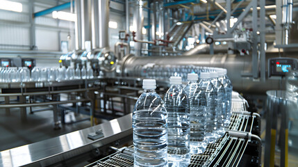 Water bottle white cork, process of bottling water in a factory setting, showcasing machinery in action and rows of transparent water bottles on conveyor belts