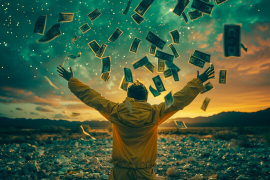 A person with arms raised is surrounded by flying money in a landfill under a twilight sky