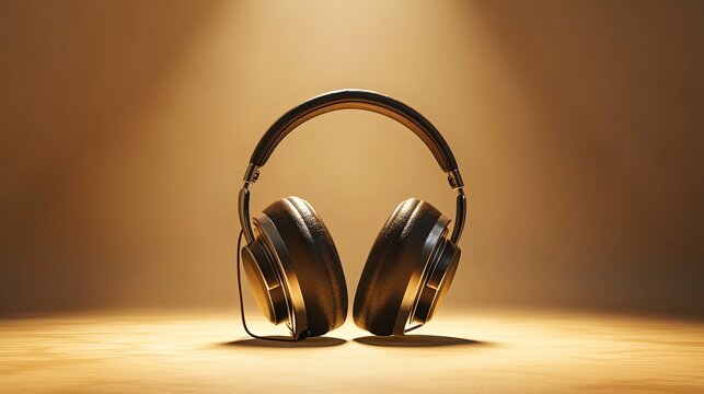 black headphones , golden background with copy space, sun is shining