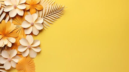 Naklejka premium Paper flowers with palm leaves on yelllow background with copy space. Abstract natural floral frame layout. summer banner