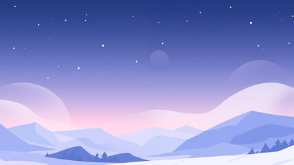 Hand drawn cartoon illustration of snow mountain scenery under the starry sky

