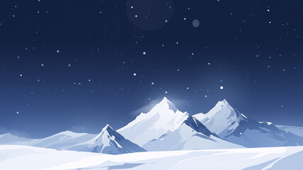 Hand drawn cartoon illustration of snow mountain scenery under the starry sky
