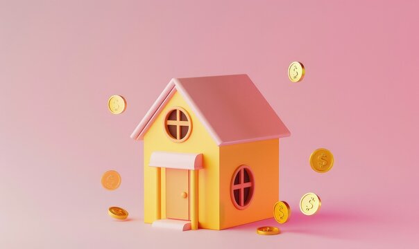 A cute house icon with coins flying around it.