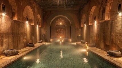 Imagine a spa treatment rooted in Moroccan traditions, featuring a hammam steam bath, a black  - obrazy, fototapety, plakaty