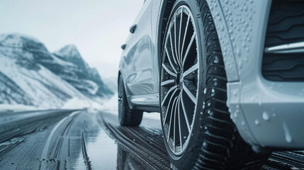 Close-up of a modern car tire on a wet, snowy road with mountains in the background