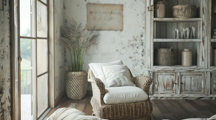 Interior design idea for a luxurious farmhouse living room with wicker chairs.