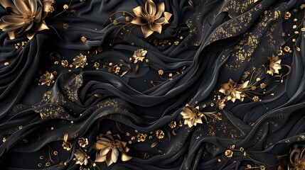 a breathtaking tableau featuring black luxury cloth adorned with intricate floral patterns, embellished with threads of radiant gold.