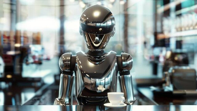 Chrome robot barista.
Robot behind the counter of a coffee shop.