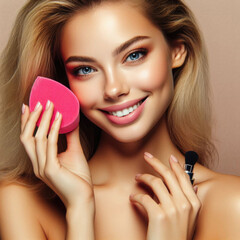 Portrait of a beautiful girl model holds a makeup sponge in her hand.
