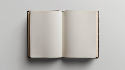 open book with blank pages, Mockup of a white blank hardcover book or notebook cover, Blank photorealistic notebook mockup on light grey background, front and back view, Ai generated image