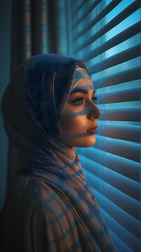 beautiful muslim woman in hijab looking out the window