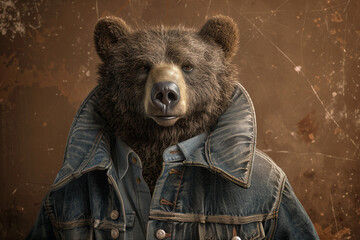 An up-close view of an anthropomorphic bear, wearing an Armani denim jacket, set against a rustic brown background.