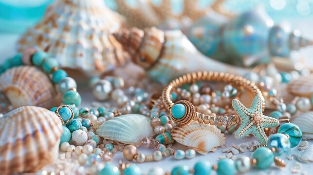 Imagine a summer jewelry collection inspired by the sea, including pieces crafted from seashells, coral, 