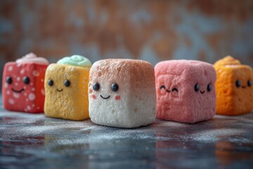 Marshmallows lined up with drawn-on faces.