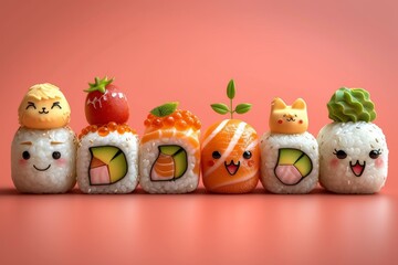 Sushi rolls showcased with cute faces hand-painted on them.