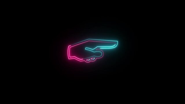 The hand points the finger to the right, the right direction. Direction logo or emblem with bright neon light . Hand cursor - pointer.