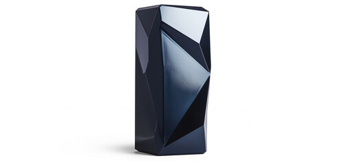 A futuristic container with a glossy, dark blue finish and sharp angles, standing isolated against a white background