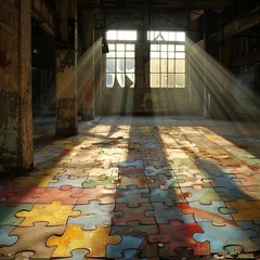  Within the confines of an abandoned factory, beams of light reveal a silhouette behind a puzzle pattern, contrasting the chaotic beauty of decay. © weerasak