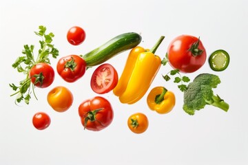 Various types of fresh vegetables arranged on a white surface.