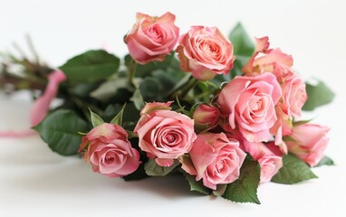 Obraz premium Bouquet of pink roses with green leaves on a white background.