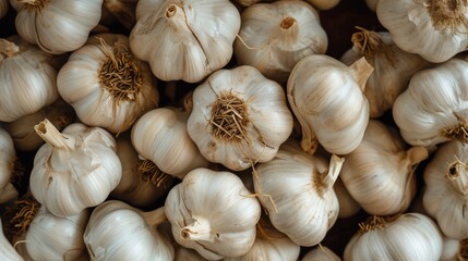 Close-up of a stack of garlic bulbs neatly arranged next to each other.