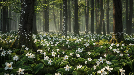 A tranquil forest glen filled with delicate white trillium flowers and towering trees - obrazy, fototapety, plakaty